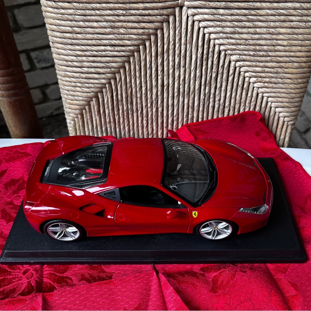Maisto Ferrari 488 GTB Diecast Model attached on stand.